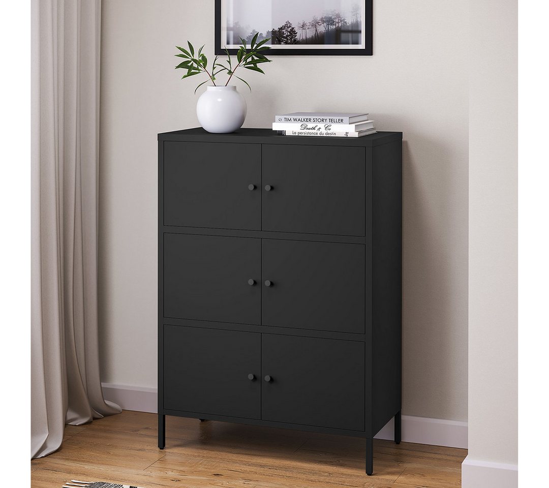 skølm Kommode Atriona aus Metall (Schwarz, 3 Fächer & 6 Türen), Metallschrank 113,5 x 80 x 38 cm, auch verfügbar mit 2 Fächern von skølm