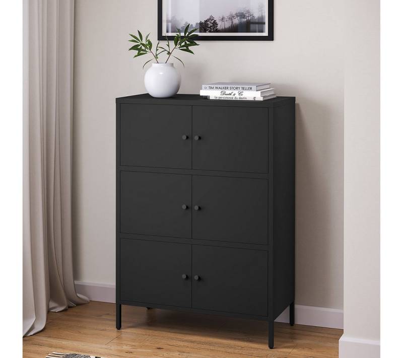 skølm Kommode Atriona aus Metall (Schwarz, 3 Fächer & 6 Türen), Metallschrank 113,5 x 80 x 38 cm, auch verfügbar mit 2 Fächern von skølm