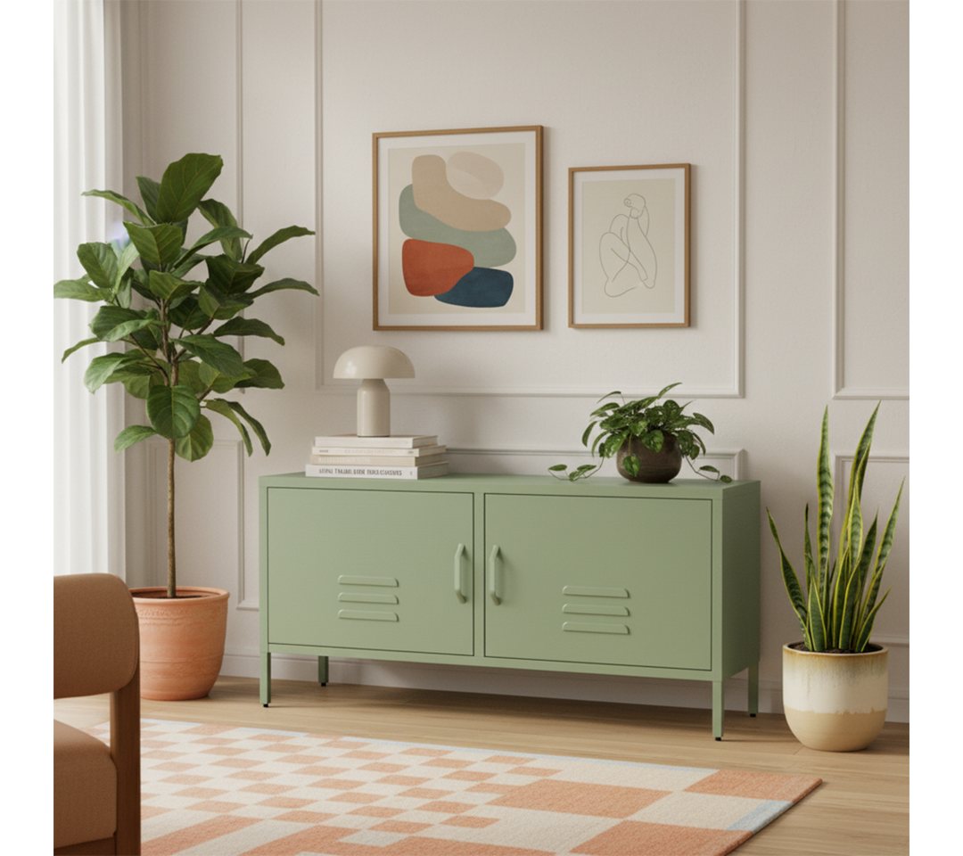 skølm Lowboard Atria aus Metall (Mintgrün), Metallkommode mit 4 Fächern & 2 Türen, 55x38x110 cm (HxTxB) von skølm