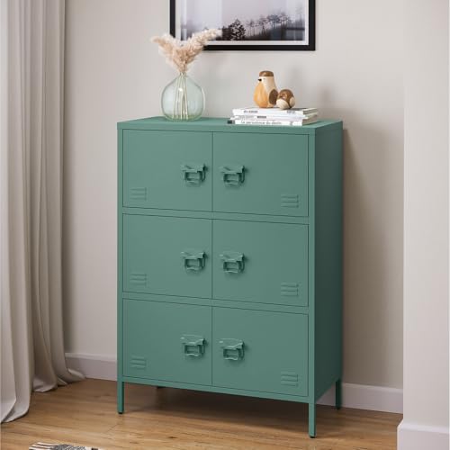 skølm Metallkommode Zandor, Wohnzimmerschrank mit 3 Fächern dunkelgrün, Sideboard, Mehrzweckschrank Stahl 3x2, 113,5x80x38 cm von skølm