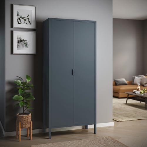 skølm Metallschrank Ituri, Kleiderschrank mit 2 Kleiderstangen, Schlafzimmerschrank Metall anthrazit Garderobenschrank mit 4 Ablagen 170 x 80 x 45 cm von skølm