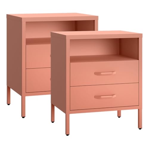 skølm Nachttisch Mizar aus Metall, Nachtschrank mit 2 Schubladen, Beistellschrank für Schlafzimmer, Wohnzimmer, Nachtkommode terrakotta 60x50x38 cm (HxBxT), 2er-Set von skølm