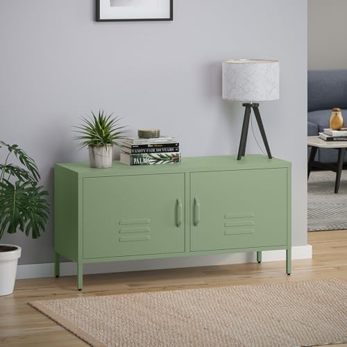 skølm TV Schrank mit 2 Türen Lowboard Metall TV Möbel Tisch Board Sideboard Fernsehtisch Fernsehschrank HiFi-Schrank mintgrün BxTxH 110x38x55 cm von skølm