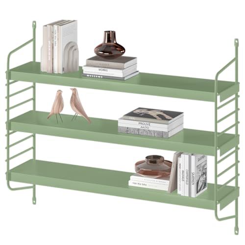 skølm Mimir Wandregal Metall Grün – Schweberegal mit 3 verstellbaren Regalböden – Modulares String Regal Wand – Hängeregal schmal für Wohnzimmer/Küche/Badezimmer – Wall Shelf von skølm