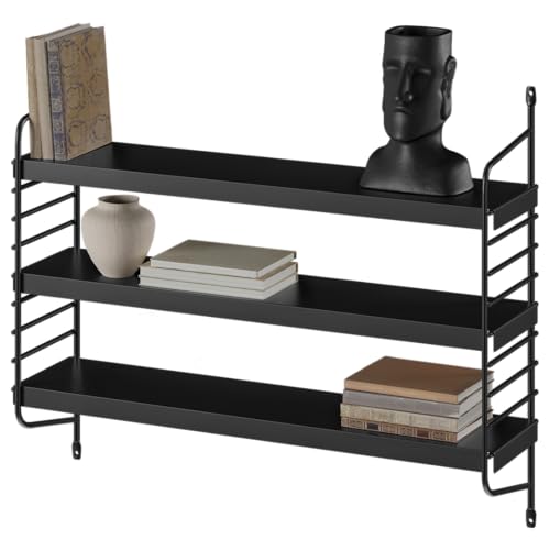skølm Mimir Wandregal Metall Schwarz – Schweberegal mit 3 verstellbaren Regalböden – Modulares String Regal Wand – Hängeregal schmal für Wohnzimmer/Küche/Badezimmer – Wall Shelf von skølm
