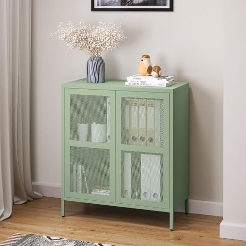 skølm Zephyr Metallkommode, Sideboard mit Füßen, Mehrzweckschrank mit Push-to-Open-Funktion mintgrün, Aktenschrank mit Zwei Fächern und Doppeltür, 92x80x30 cm von skølm