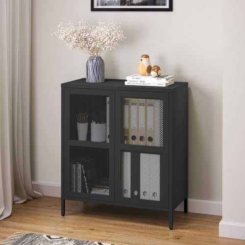 skølm Zephyr Metallkommode, Sideboard mit Füßen, Mehrzweckschrank mit Push-to-Open-Funktion schwarz, Aktenschrank mit Zwei Fächern und Doppeltür, 92x80x30 cm von skølm