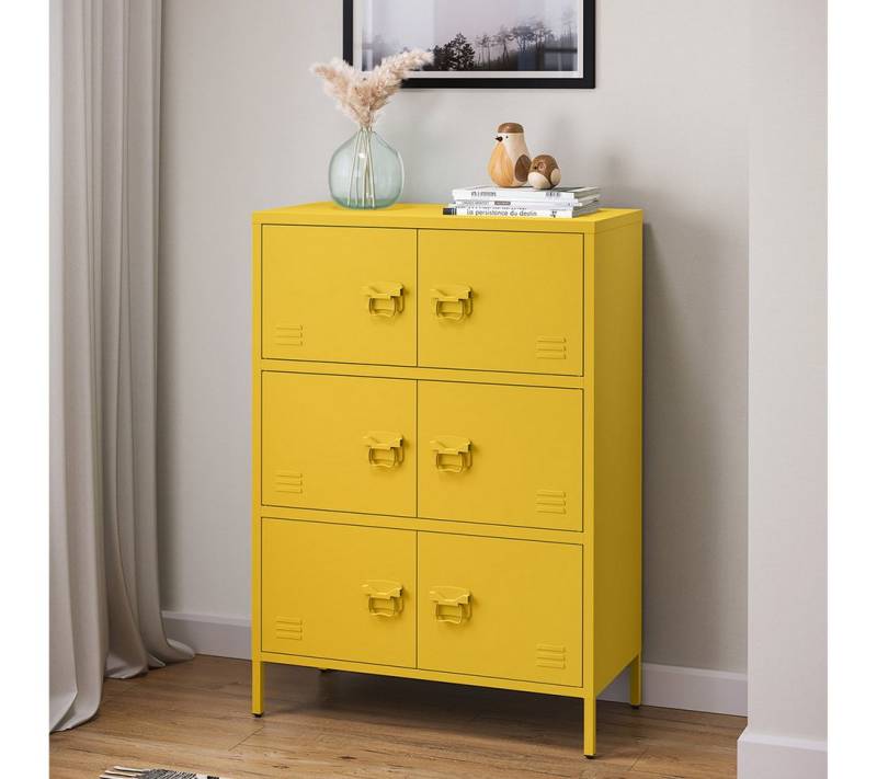 skølm. Kommode Zandor (Sideboard mit 3 Fächern, 6 Türen), Wohnzimmerschrank Stahl, pulverbeschichtet, senfgelb von skølm.