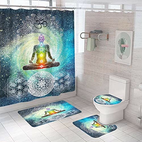 4-teiliges Duschvorhang-Set -- Lord Buddha -- mit rutschfestem Teppich, Toilettendeckelabdeckung Badematte wasserdichtem Duschvorhang für Badeduschvorhang für Badezimmer 150X180 cm von skopers