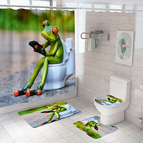 skopers 4-teiliges Duschvorhang-Set - Frosch Toilette - mit rutschfestem Teppich, Toilettendeckelabdeckung Badematte wasserdichtem Duschvorhang für Badeduschvorhang für Badezimmer 180X200 cm von skopers