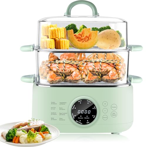 Skyehomo Elektrischer Dampfgarer 1000W, Dampfgarer Topf 6H Warmhaltefunktion, 9,3L Fassungsvermögen, Slow Cook mit 2 Edelstahlbehälter, Electric Food Steamer 8 in 1, Eierkocher Transparente Abdeckung von skyehomo