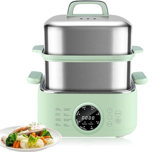 Skyehomo Elektrischer Dampfgarer 1000W, Eier Garer 6H Warmhaltefunktion, 9,3L Fassungsvermögen Slow Cooker, 8 in 1 Electric Food Steamer, Eierkocher mit 2 Edelstahlbehälter, Edelstahl Abdeckung von skyehomo