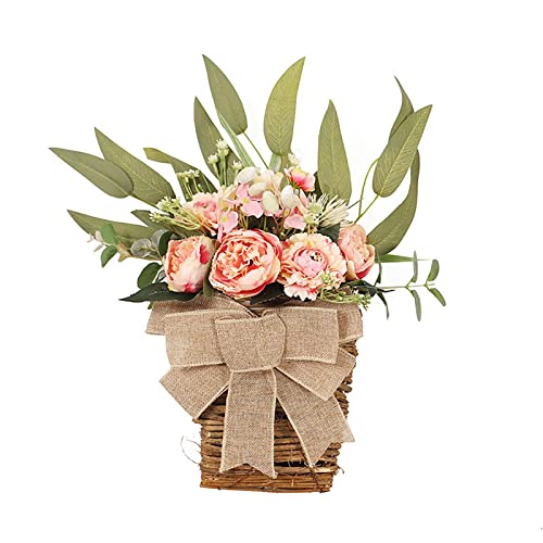 Frühlingsblatt Pfingstrose Blumenkorb Kranz Simulationsblume Rattan Korb Tür Korb Türbehang Dekorative Wandbehang Bordüre Heiße Blumen Osterhasen (B, One Size) von skyrabbiter