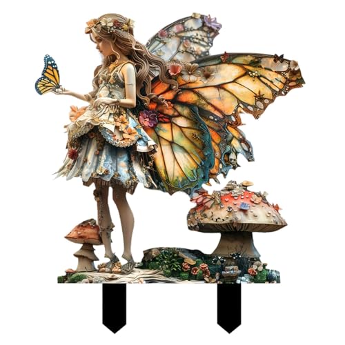 skyrabbiter Garten-Dekostecker Waldgeist, 30 x 19 cm, 2D-Acryl, Märchengarten-Figur für Innen und Außen, Lustige Gartenfigure Baumstecker Gartenschilder Blumenstecker Frühlingsdeko für Hof Rasen (T) von skyrabbiter