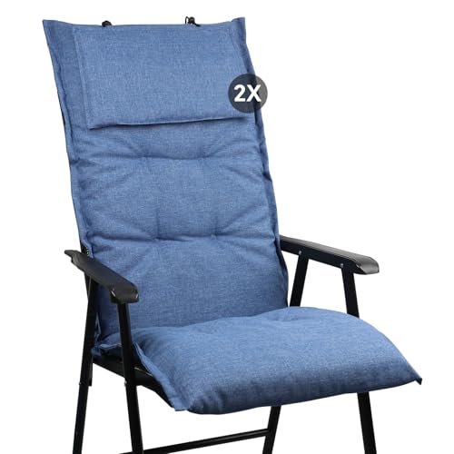 slaaviinoo 2er Set Gartenstuhlauflagen Hochlehner (120x50x6cm) Sitzkissen Outdoor– wasserabweisender Stoff & UV-500h lichtecht – Mit abnehmbarem Kopfpolster – Jeansblau für Gartenmöbel/Klappstühle von slaaviinoo
