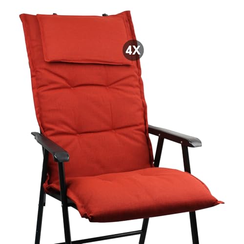 slaaviinoo 4er Set Gartenstuhlauflagen Hochlehner (120x50x6cm) Sitzkissen Outdoor– wasserabweisender Stoff & UV-500h lichtecht – Mit abnehmbarem Kopfpolster – Burgunderrot für Gartenmöbel/Klappstühle von slaaviinoo