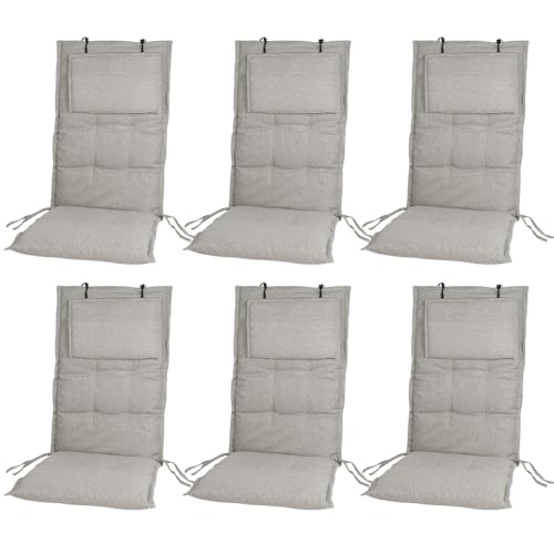 slaaviinoo 6er Set Gartenstuhlauflagen Hochlehner (120x50x6cm) Sitzkissen Outdoor– wasserabweisender Stoff & UV-500h lichtecht – Mit abnehmbarem Kopfpolster – Reisfeldgrau für Gartenmöbel/Klappstühle von slaaviinoo