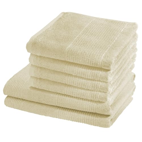 sleepling Marina 6er Set Handtuch (4 x 50 x 100 cm) und Duschtuch (2 x 70 x 140 cm), 100% Baumwolle 550 gr./m², Kordelaufhänger, Design Bordüre, Ökotex 100, Natur von sleepling