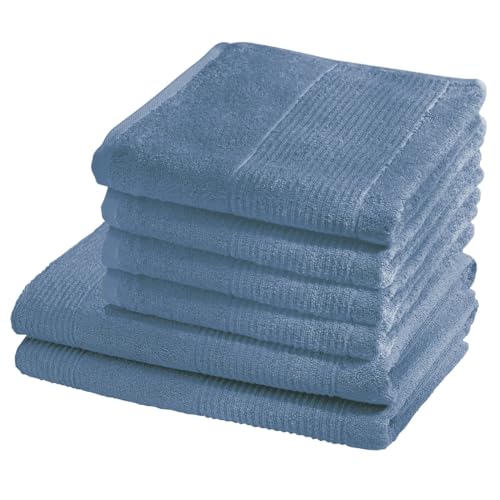 sleepling Marina 6er Set Handtuch (4 x 50 x 100 cm) und Duschtuch (2 x 70 x 140 cm), 100% Baumwolle 550 gr./m², Kordelaufhänger, Design Bordüre, Ökotex 100, Indigo blau von sleepling
