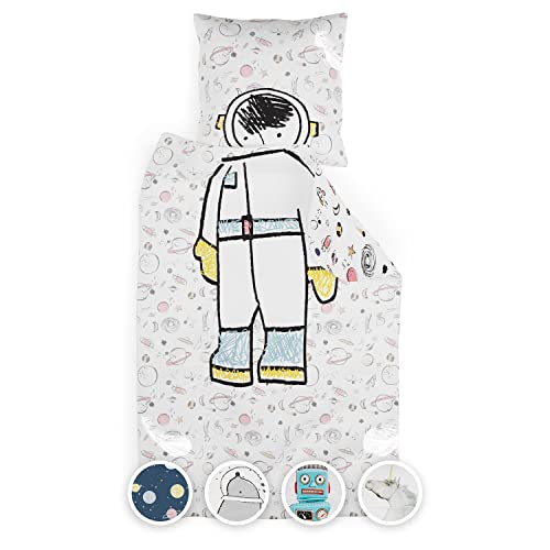 sleepwise Kinderbettwäsche 135x200 | ÖKO-Tex Zertifiziert 2tlg. Bettwäsche Kinder mit Kissenbezug 80x80 cm | Extraweiche Mikrofaser Kinder Bettwäsche Set mit Reißverschluss | Astronaut von sleepwise