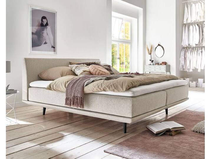 Kamjo »Piano« Boxspringbett inkl. Topper 140x200 cm / Pulse Latex Topper geheftet / Box 7 TFK Matratze optisch glatt geteilt / Kopfteil Piano Khaki von slewo