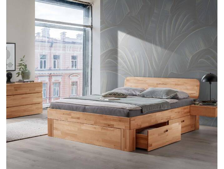 Massivholz »Los Angeles III« Kernbuche Massivholzbett 140x200 cm / 29 cm / mit 4 Bettschubladen von slewo