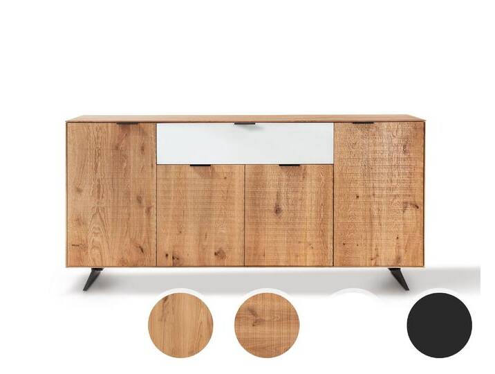 Massivholz »Lugano« Sideboard VI mit Holzfüßen Hobelschlag Front / obere Schublade in Weißglas von slewo