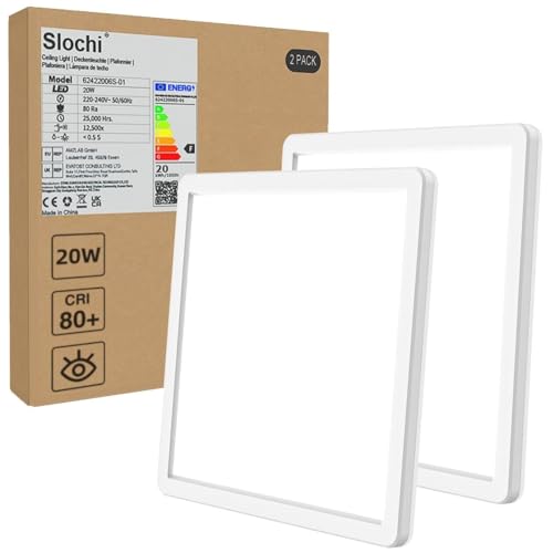 slochi (2 Stücke LED Deckenleuchte, 20W Ultra Dünn Deckenlampe Flach 2.4 cm, 5000K Kaltesweiß, LED Deckenleuchte Quadrat für Schlafzimmer, Wohnzimmer, Bad, Balkon, Flur, Küche,Eingang von slochi