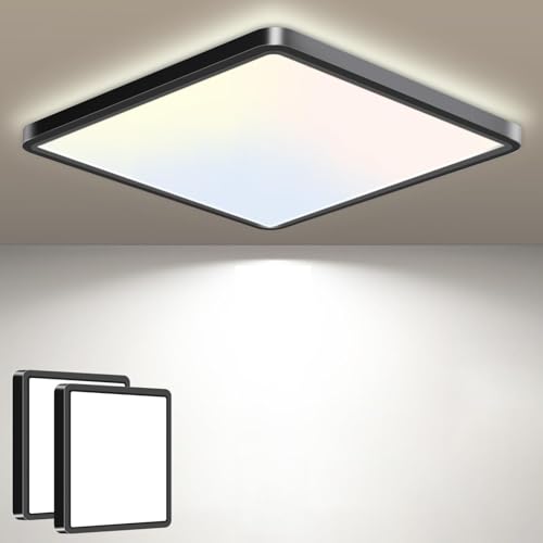 slochi 2 Stück LED Deckenleuchte mit Bewegungsmelder Innen Radar, 3Farben - 3000K/4000K/6500K, 18W Lampe mit Bewegungssensor, 22cm Sensor Flach Deckenlampe für Flur Wand Treppe Küche Balkon, Schwarz von slochi