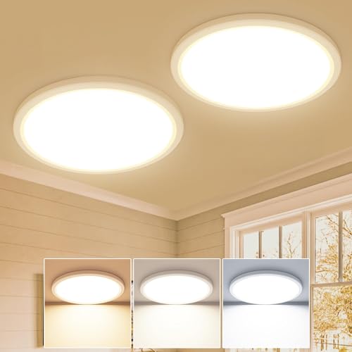 2 Stücke Deckenlampe LED Deckenleuchte Flach 18W, Ø22CM, 3Farben 3000K/4000K/6500K, IP44 Badlampe, 1800LM Modern LED Lampe Decke Küchenlampe für küche Badezimmer Schlafzimmer Flur Wohnzimmer, Weiß von slochi