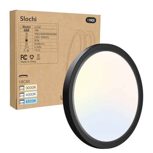slochi 3Farben 3000/4000/6500K LED Deckenleuchte Flach, Ø18cm 15W 1500LM Deckenleuchten, Rund Modern Deckenlampe LED Lampen für küche Badezimmer Schlafzimmer Flur Wohnzimmer, Schwarz von slochi