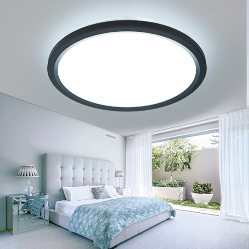 slochi LED Deckenleuchte 18CM 15W, 3 Farben Deckenlampe 3000K/4000K/6500K, Flach Rund Kleine Badlampe Decke IP44 Wasserfest, Schwarz Badezimmer Lampe für Küche Flur Schlafzimmer von slochi