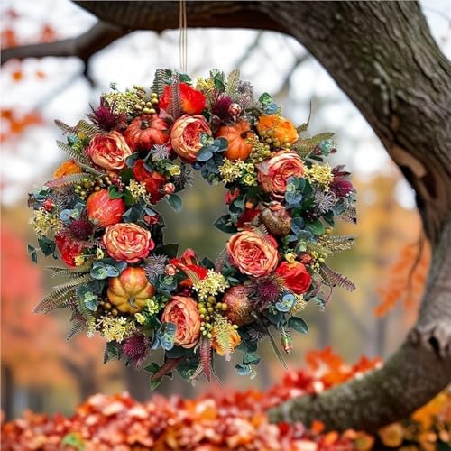 Herbstlicher Pfingstrosen- und Kürbiskranz 2026, Neue Herbstkränze for die Haustür im Bauernhausstil (30/39,9 cm), realistische Kürbiskranzform mit Ahornblättern und Beeren(11.8" 2pcs) von sloiaz