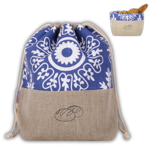 slowroom Brotbeutel 30 x 34 cm und Brotkorb 2 in 1 - Brotkorb Stoff - doppelte Leinenschicht - Brötchenbeutel Atmungsaktiv und Dekorativ - Brotkörbchen Leicht zu Pflegen, Azur von slowroom