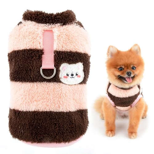 SMALLEE_Lucky_Store Gestreifter Hunde-Fleecepullover Welpenpullover Sweatshirt weich warm Haustier kaltes Wetter Mantel für kleine Hunde Katzen mit Leinenring Yorkie Chihuahua Herbst Winterkleidung, von smalllee_lucky_store