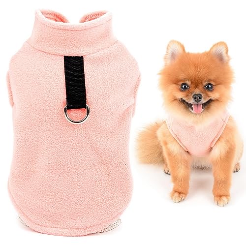 SMALLLEE_LUCKY_STORE Einfarbiger Welpen-Fleecepullover mit Ring für die Leine für kleine Hunde, Katzen, Jungen, Mädchen, Yorkie, Chihuahua, Kätzchen, warme Herbst-/Winterkleidung, Rosa, Größe L von smalllee_lucky_store