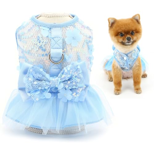 SMALLLEE_LUCKY_STORE Floral Dog Dresses for Small Dog Girls Puppy Harness Dress with D-Ring and Bow Spring Summer Lace Princess Skirt Pet Clothes Chihuahua Yorkie Cat Apparel, Blue, XS von smalllee_lucky_store