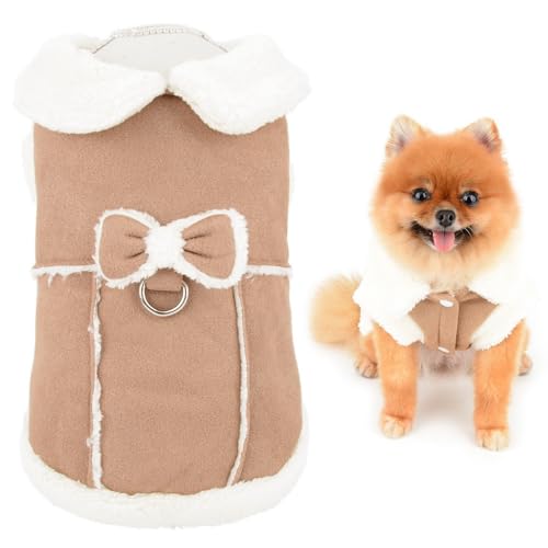 SMALLLEE_LUCKY_STORE Fleece-Hundemantel für kleine Hunde Mädchen, Haustiergeschirr-Jacke mit Schleife und D-Ring, weiche Weste, Herbst Winterkleidung mit flauschigem Kragen, Chihuahua, Yorkie, von smalllee_lucky_store