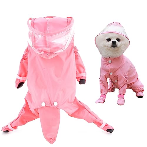 SMALLLEE_LUCKY_STORE Niedlicher Regenmantel für kleine Hunde mit Kapuze und Stiefeln, abnehmbarer Schwanz, Welpen, Regenjacke, voller Boby, 4-beiniger Jumpsuit, wasserdicht, leichte Kleidung, Rosa, M von smalllee_lucky_store