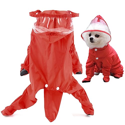 SMALLLEE_LUCKY_STORE Niedlicher Regenmantel für kleine Hunde mit Kapuze und Stiefeln, abnehmbarer Schwanz, Welpen, Regenjacke, voller Boby, 4-beiniger Jumpsuit, wasserdicht, leichte Kleidung, Rot, von smalllee_lucky_store