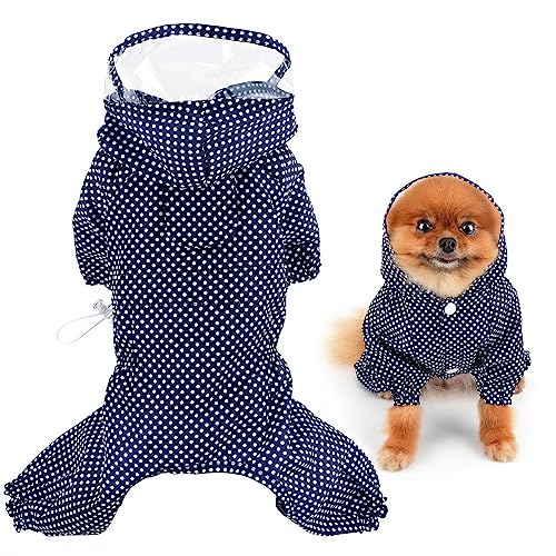 SMALLLEE_LUCKY_STORE Niedlicher gepunkteter Regenmantel für kleine Hunde mit Kapuze und Geschirr, Loch für die Leine, Welpen, Regenjacke, voller Boby, 4-beiniger Jumpsuit, wasserdicht, leichte von smalllee_lucky_store