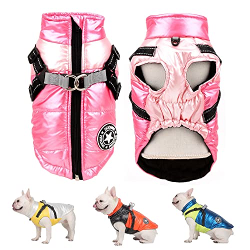 SMALLLEE_LUCKY_STORE Pet Colorblock wasserdichte Winterjacke mit Geschirr D-Ring für kleine mittelgroße Hunde Katzen,Welpenmantel Chihuahua Yorkie französische Bulldogge warme Kleidung,Rosa,L von smalllee_lucky_store