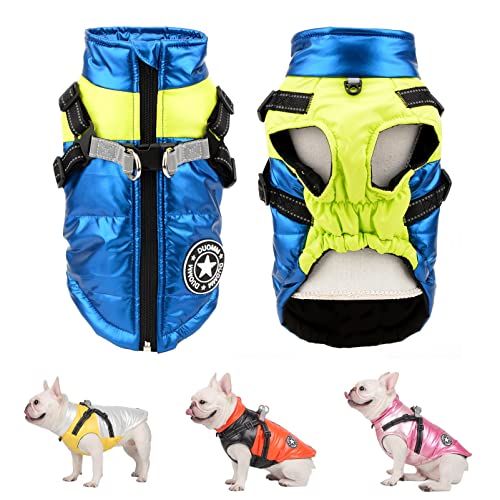 SMALLLEE_LUCKY_STORE Pet Colorblock wasserdichte Winterjacke mit Geschirr D-Ring für kleine mittelgroße Hunde Katzen,Welpenmantel Chihuahua Yorkie französische Bulldogge warme Kleidung,blau,S von smalllee_lucky_store