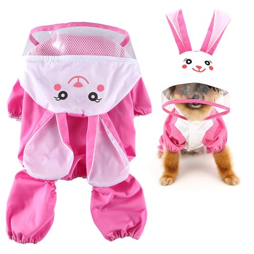 SMALLLEE_LUCKY_STORE Regenmantel für kleine Hunde mit Kapuze und Leine, D-Ring, Regenjacke mit 4 Beinen, leicht, wasserdicht, Größe M, Rosa von smalllee_lucky_store