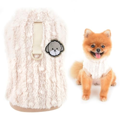 SMALLLEE_LUCKY_STORE Süßer Sherpa-Fleecepullover für kleine Hunde, weicher Welpenpullover mit D-Ring, dehnbares Sweatshirt, Winter, Herbst, Yorkie, Chihuahua, Khaki, Größe M von smalllee_lucky_store