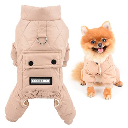 SMALLLEE_Lucky_Store Haustier Gepolsterter Wintermantel Schneeanzug mit Tasche D-Ring für kleine Hunde Katzen Wasserdicht Winddicht Welpe Chihuahua Yorkie Fleece Gefüttert Warm Kleidung, Braun, S von smalllee_lucky_store