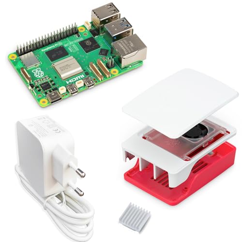Raspberry Pi 5 4GB Starter-Kit/USB-C 45W Netzteil/Gehäuse mit Lüfter/Rot - Weiß von smart-home-komponente