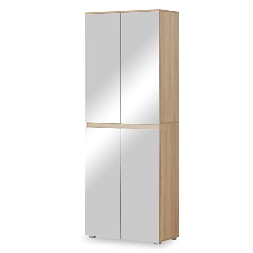 smart Mehrzweck-Hochschrank Eiche, Spiegel-Schrank aus Holzwerkstoff foliert, Regale für Wohnzimmer, Schlafzimmer & Flur, 8 Ebenen, verstellbare Ablagen 80x210x37 cm von smart
