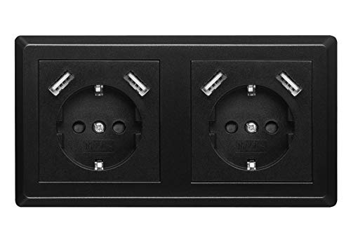230 V Steckdose mit 2 x USB Ladegeräten, Schuko Wandsteckdose Unterputz, passend für Gira System 55, Schwarz, TÜV Rheinland zertifiziert (Doppelsteckdose) von imabo