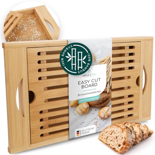 smartday Brotschneidebrett mit Krümelfach aus Bambus Holz – Schneidebrett mit Krümelrost I Holzbrett, Schneidebrett für Brot, Baguette und Brötchen, Servierbrett von smartday